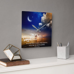 Hermoso reloj de pared de atardecer con cita