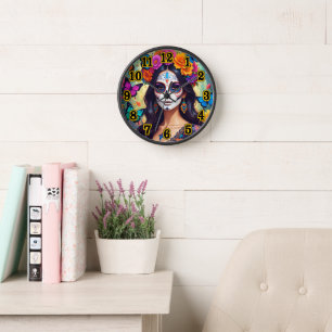 Hermoso reloj de pared de cráneo de azúcar