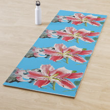 Hermoso Shabby Blue Red Lily Floral Yoga Mat
