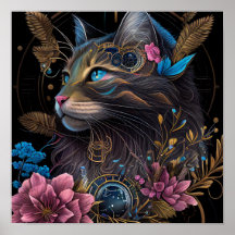 Hermoso steampunk Maine Coon con flores arte de IA