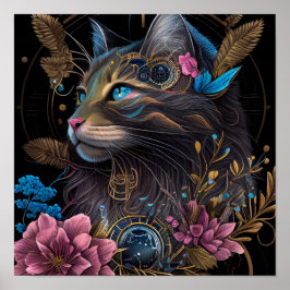 Hermoso steampunk Maine Coon con flores arte de IA