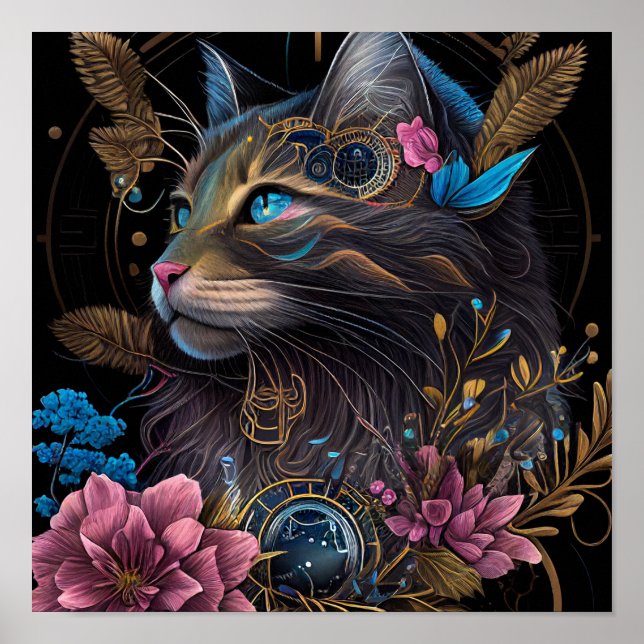 Hermoso steampunk Maine Coon con flores arte de IA (Frente)