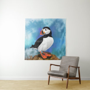 Hermoso tapiz de pintura de pájaros de púffin del 