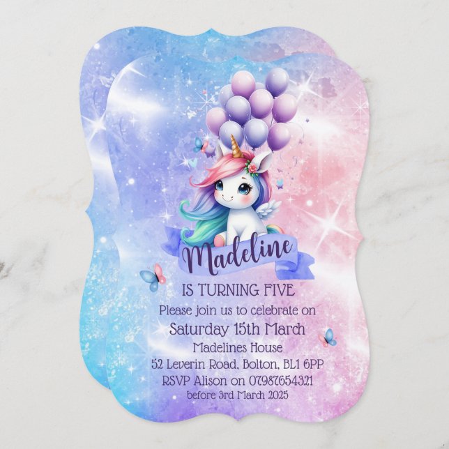 Hermoso unicornio con invitaciones temáticas de gl (Anverso / Reverso)