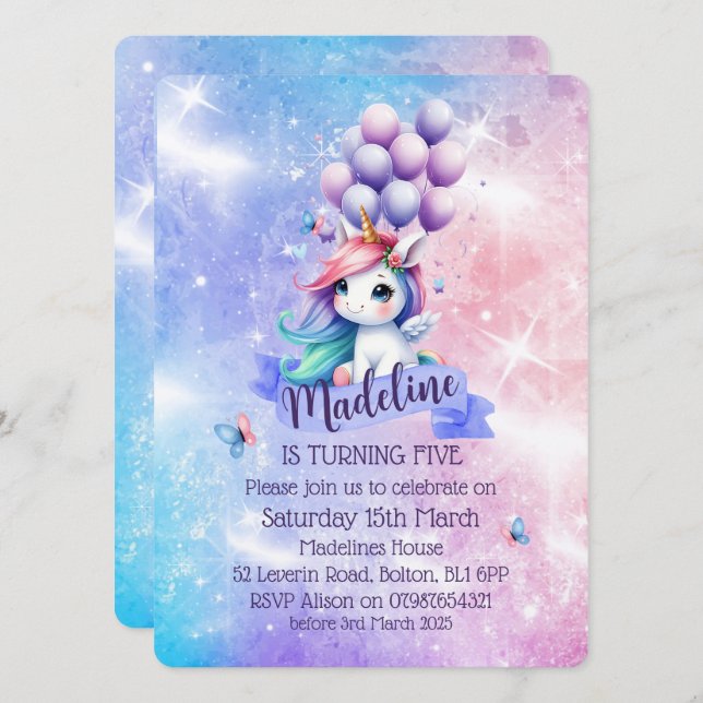 Hermoso unicornio con invitaciones temáticas de gl (Anverso / Reverso)