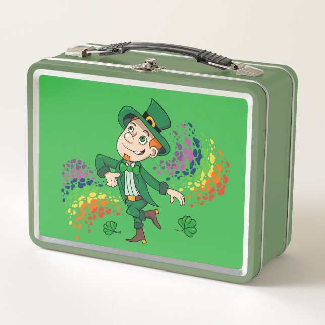 Hermoso y alegre leprechaun bailando, un arco iris (Anverso)