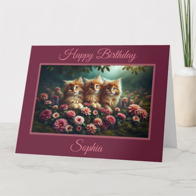 Hermosos Gatitos de jengibre con tarjeta de flores (Anverso)