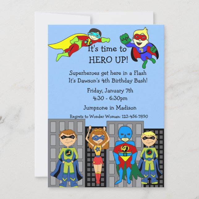Héroe del super héroe encima de la invitación (Anverso)
