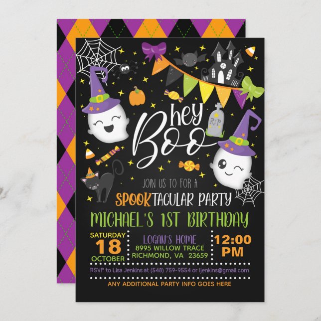 Hey Boo Halloween Invitación al cumpleaños - Negro (Anverso / Reverso)