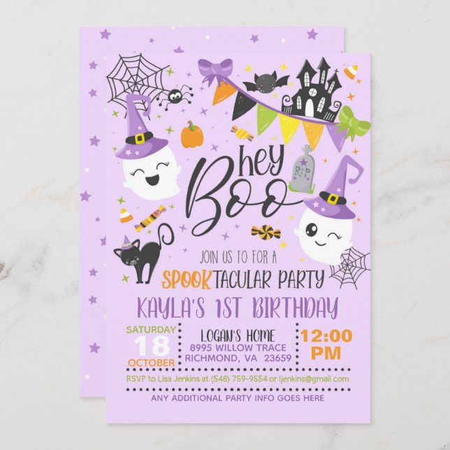Hey Boo Halloween Invitación al cumpleaños - Púrpu (Anverso / Reverso)