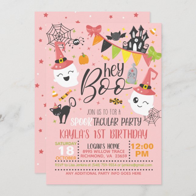 Hey Boo Halloween Invitación al cumpleaños - Rosa (Anverso / Reverso)
