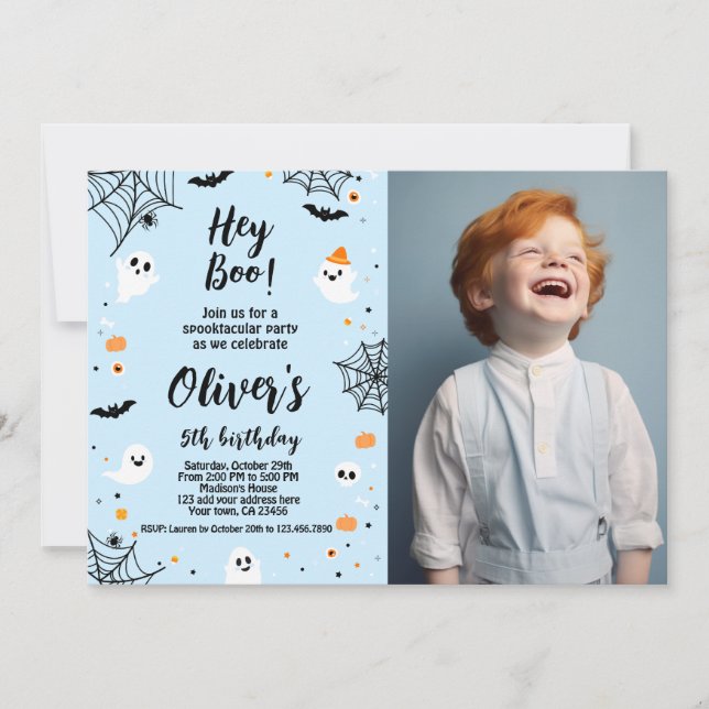 Hey Boo, invitación de Halloween azul con foto (Anverso)