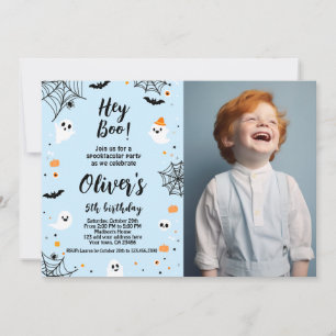 Hey Boo, invitación de Halloween azul con foto