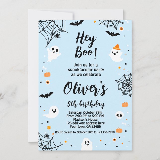 Hey Boo, invitación de Halloween azul con foto (Anverso)