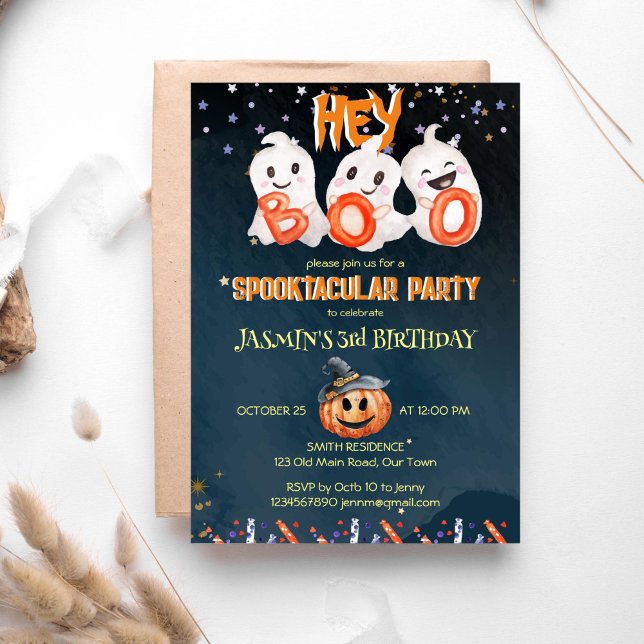 Hey boo spooktacular plantilla de cumpleaños de Ha (Hey boo spooktacular Halloween birthday party invitation template instant download cute ghosts)