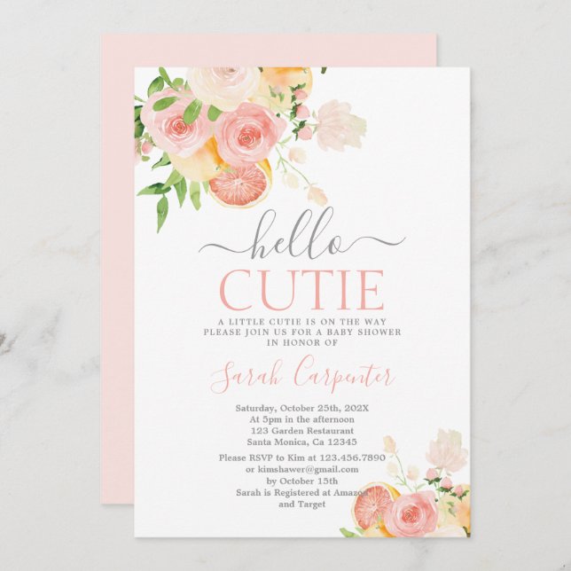 Hey Cutie Citrus Invitación Chica Baby Shower (Anverso / Reverso)
