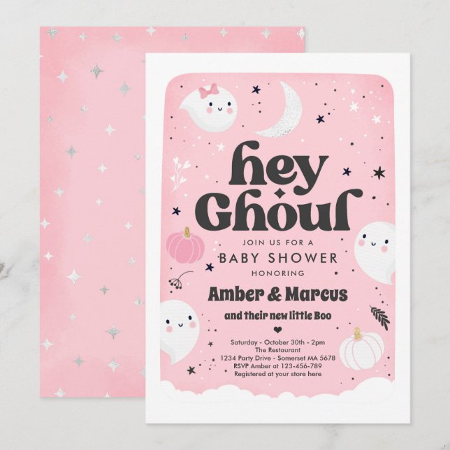 Hey Ghoul Chica Rosa Ghost Baby Shower Invitación (Anverso / Reverso)
