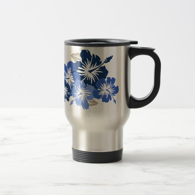 "Hibisco épico" en taza azul del viaje (Derecha)