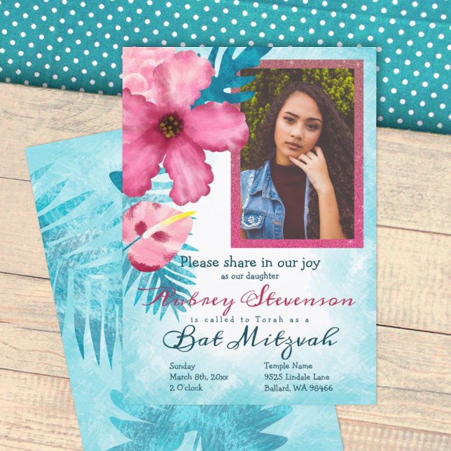 Hibiscus rosado, invitación Verde azulada a Mitzva (turquoise blue and pink bat mitzvah invitation, hibiscus flower, 12th birthday party invitation)