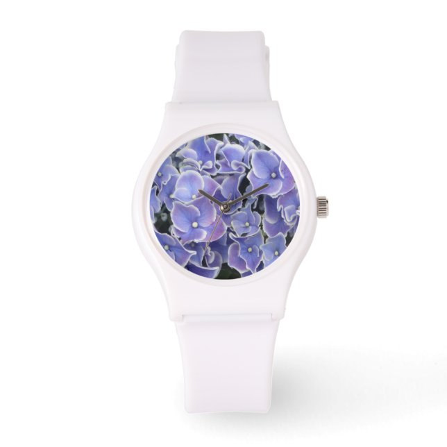 Hidrangea azul con reloj deportivo de borde blanco (Anverso)