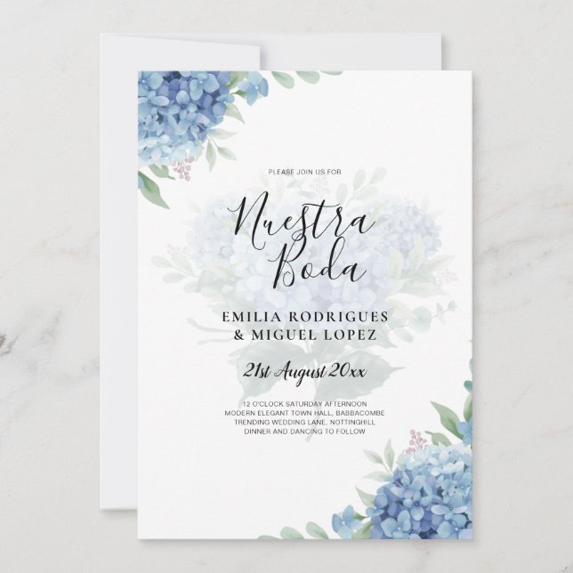 Hidrangea azul moderna Invitación a matrimonio Cód (Anverso)