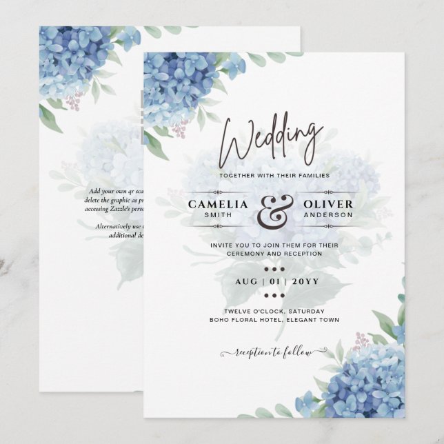 Hidrangea azul moderna Invitación a matrimonio Cód (Anverso / Reverso)