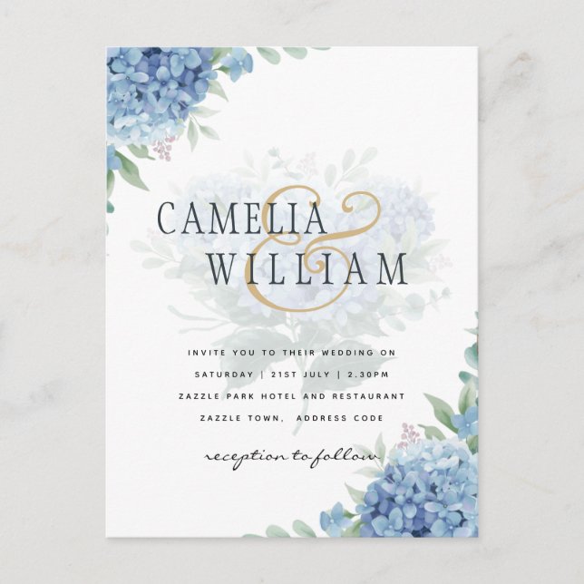 Hidrangea azul moderna Invitación a matrimonio Cód (Anverso)