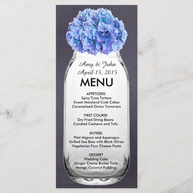 Hidrangea azul tarro de masón menú boda hidrangea7 (Anverso)
