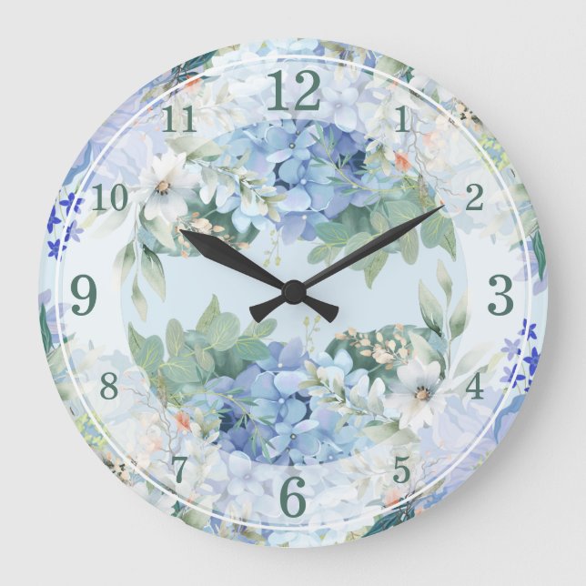 Hidrangea azul y reloj de pared de acuarela floral (Anverso)