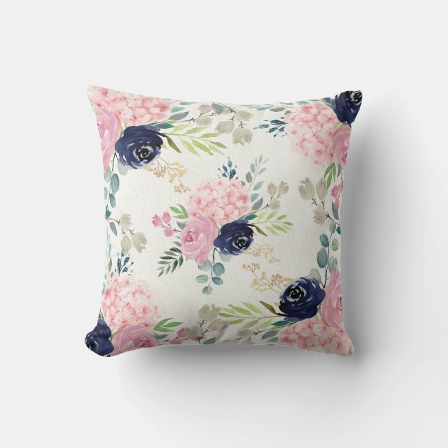 Hidrangea rosa Rubor, almohada floral azul marina (Anverso)