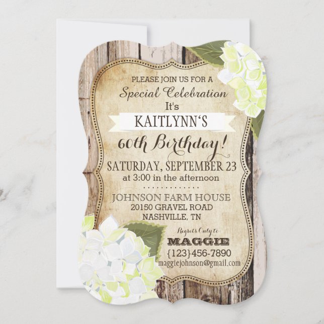 Hidrangeas de campo y invitación de cumpleaños de  (Anverso)