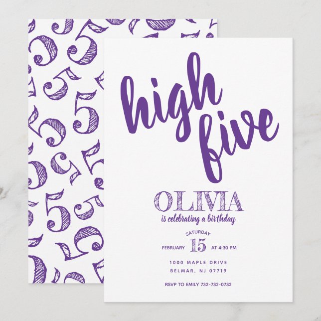 High Five Fifth Birday Invitación Purple (Anverso / Reverso)