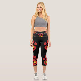 High-Waisted Capri Leggings – Red Pawprint & Bone