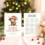 Highland Cow 2026 Calendario Feliz Navidad<br><div class="desc">Cute Highland Cow Nombre 2026 Calendario Feliz Navidad. Disponible digitalmente e impreso. Atractivo y festivo para sus deseos vacacionales, con este divertido diseño con una dulce vaca de las tierras altas en su sombrero de Santa. Feliz Navidad está en un guión moderno y personaliza fácilmente tu saludo y nombre debajo....</div>
