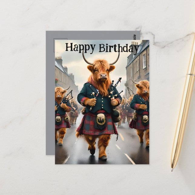 Highland Cow Bagpipe Band, Tarjeta de cumpleaños (Anverso/Reverso In Situ)