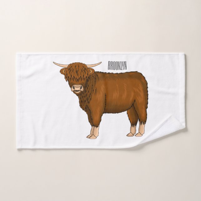 Highland cow cartoon illustration  (Toalla de mano)