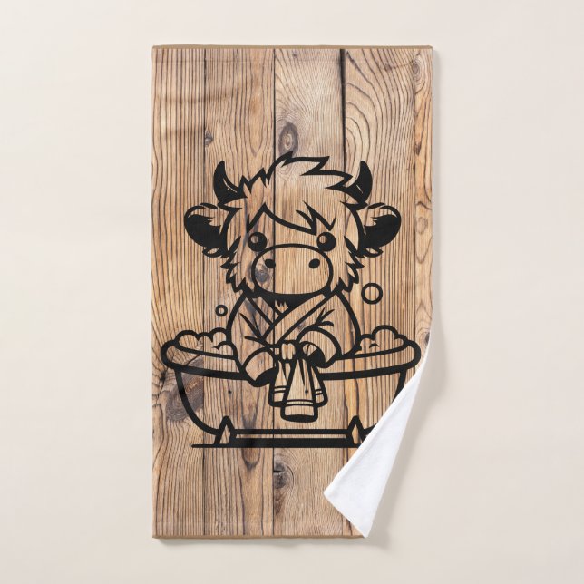 Highland Cow Faux Woodgrain (Toalla de mano)
