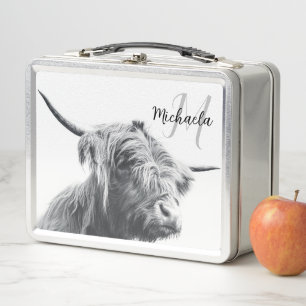 Highland cow portrait initial monogram black white