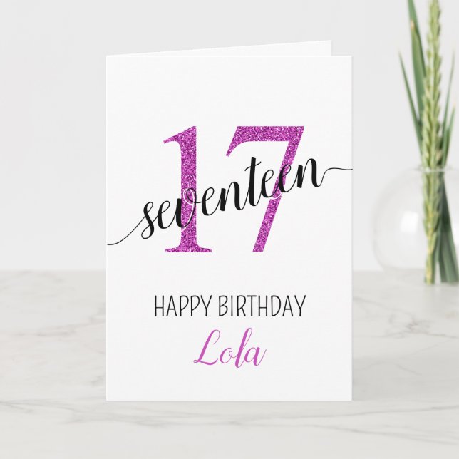Hija 17 tarjeta de cumpleaños purpurina rosa (Anverso)