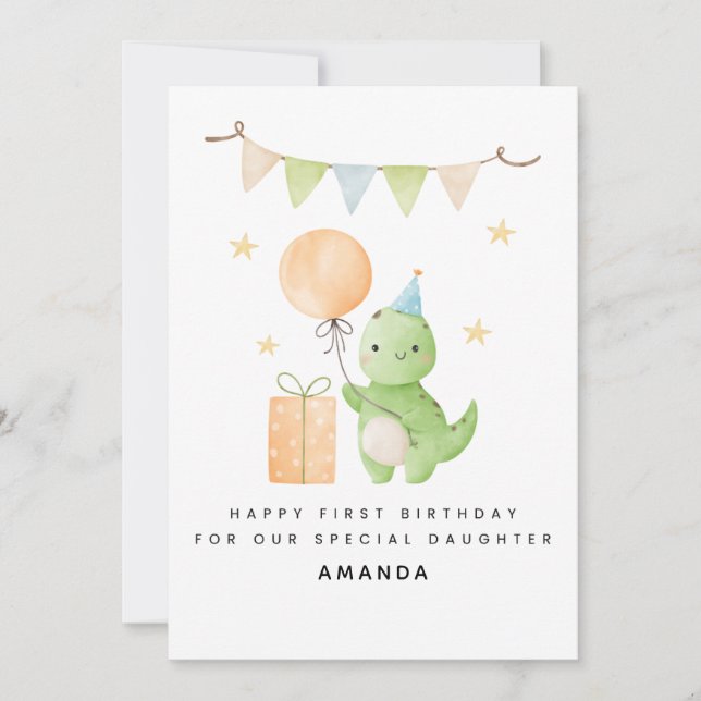 Hija 1 Tarjeta de cumpleaños acuarela Dinosaurio (Anverso)