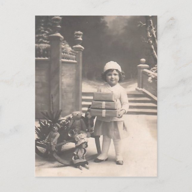 Hija de postal de Navidad vintage con regalos (Anverso)