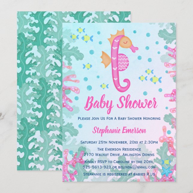 Hijahorse Under the Sea Blue Invitación de Baby Sh (Anverso / Reverso)