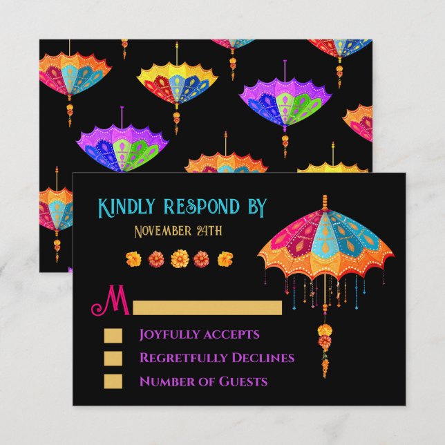 Hindú de colorida boda parasol RSVP (Anverso / Reverso)