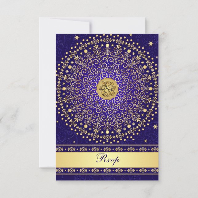 Hindu Ganesh Blue Gold Scrolls Wedding RSVP Card (Anverso)