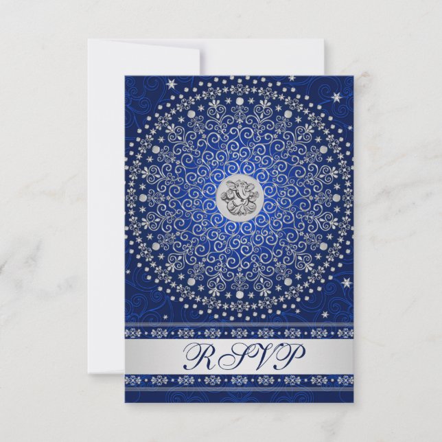 Hindu Ganesh Blue Silver Scrolls Boda Tarjeta RSVP (Anverso)