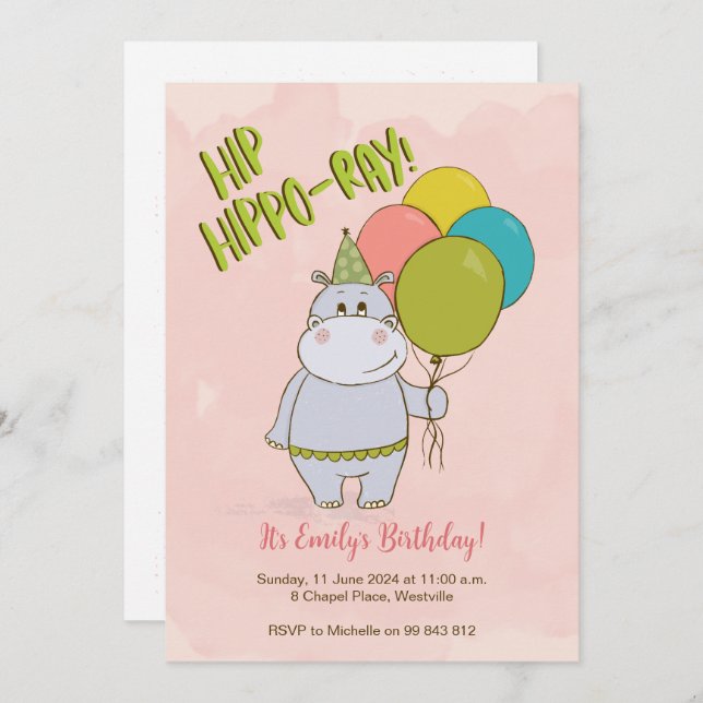 Hip Hippo-Ray Niños Invitación al cumpleaños (Anverso / Reverso)