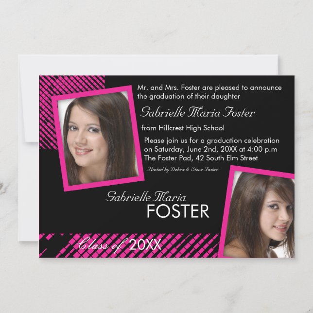 Hip n Stylish - Invitación a graduación en rosa ca (Anverso)