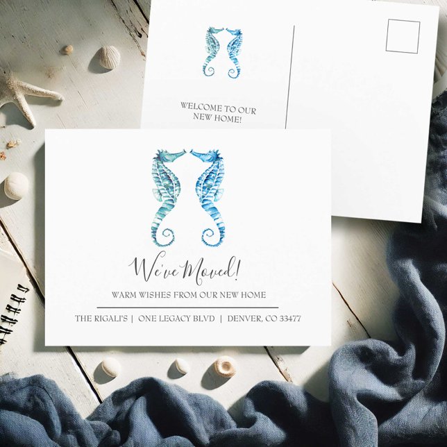 Hipódromo acuático cambio de postales de direccion (Change of address postcards watercolor seahorse art by Victoria Grigaliunas Do Tell A Belle)