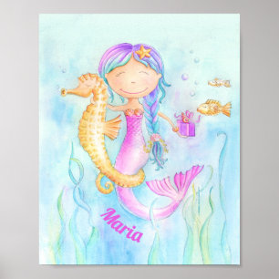 Hipómetros de mar de sirena acuarela arte nombre p