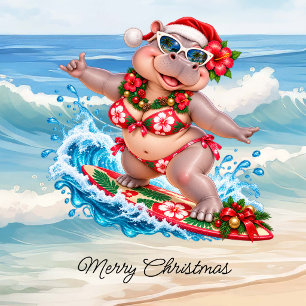 Hipopótamo de surf de Navidad en traje de baño sob